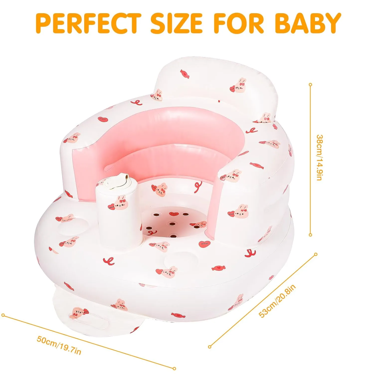 Inflatable Seat for Babies 3-36 Months, Baby Sit Up Chair with Built in Pump, Blow Up Baby Seats for Infants- Pink Bunny