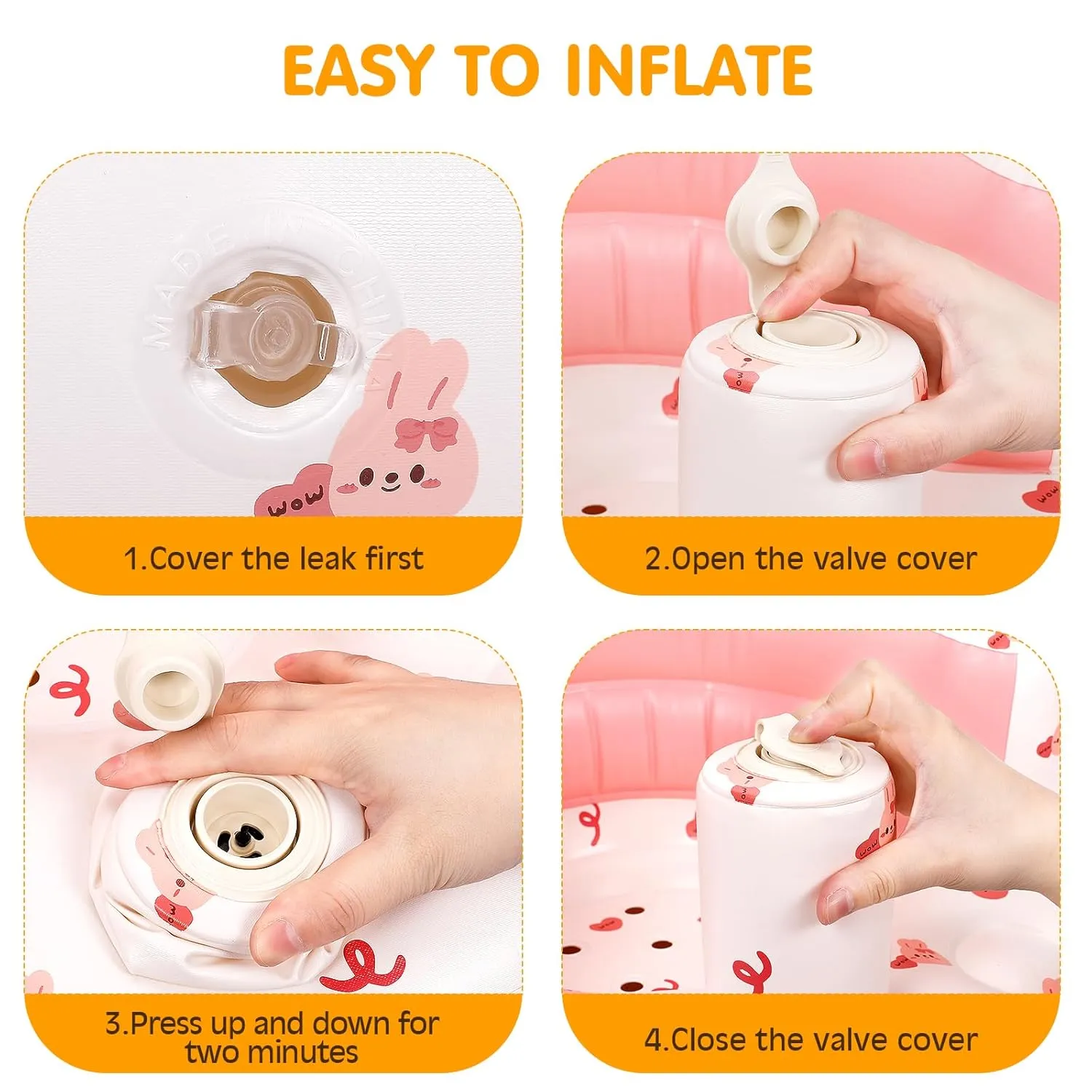 Inflatable Seat for Babies 3-36 Months, Baby Sit Up Chair with Built in Pump, Blow Up Baby Seats for Infants- Pink Bunny