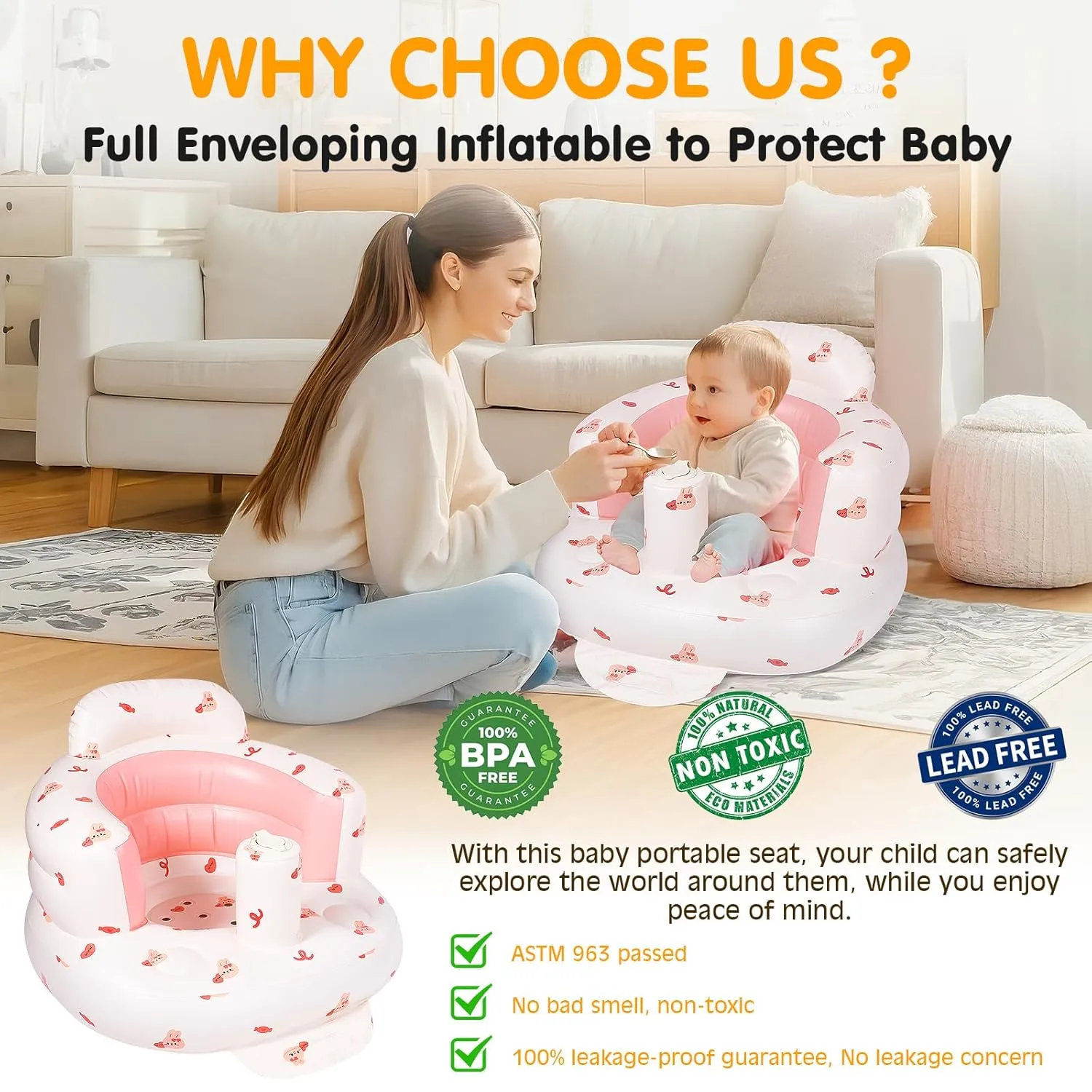 Inflatable Seat for Babies 3-36 Months, Baby Sit Up Chair with Built in Pump, Blow Up Baby Seats for Infants- Pink Bunny