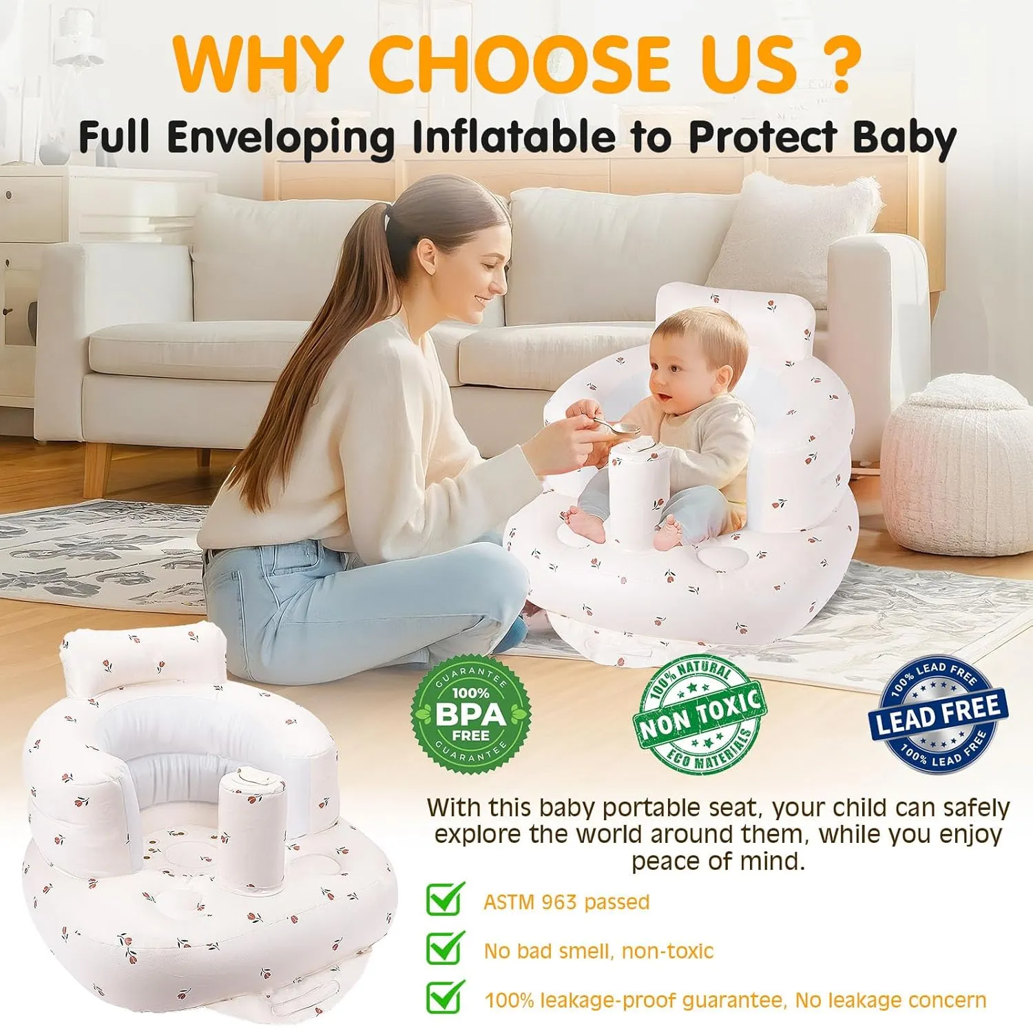 Inflatable Sit Up Chair for Baby 3-6 Months, Inflatable Baby Seat with Built in Pump, Baby Floor Seats for Sitting Up- Tulip
