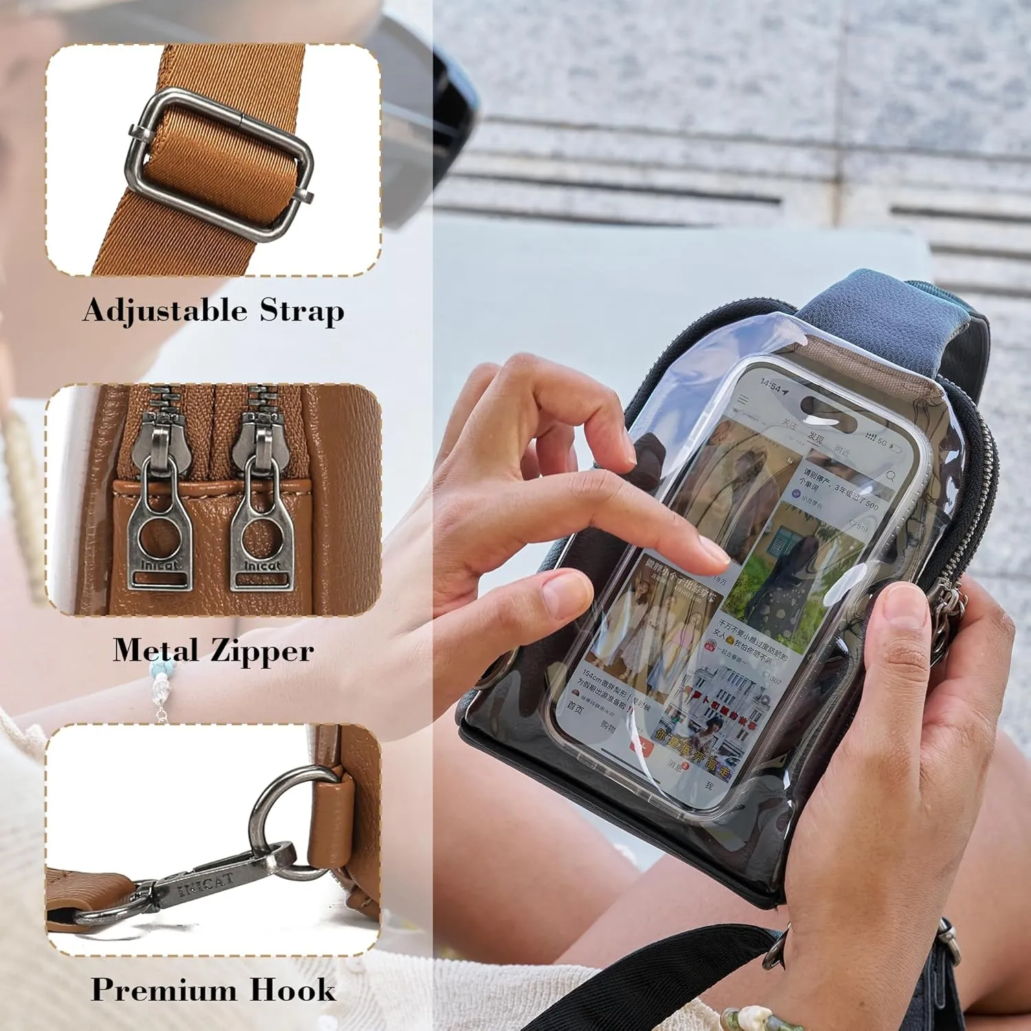 INICAT Small Crossbody Sling Bags for Women Vegan Leather Cell Phone Purse Fanny Packs for Women Men