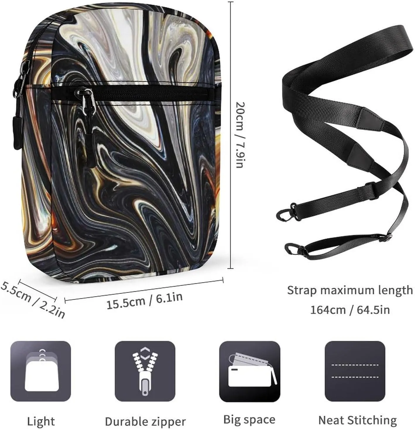 Ink Marble Black Gold Grey Adjustable Fanny Waist Pack Pouch, Waterproof Crossbody Runners Bag Wallet for Gym Hiking Fitness Women Men 6.1 x 2.2 x 7.9 inch