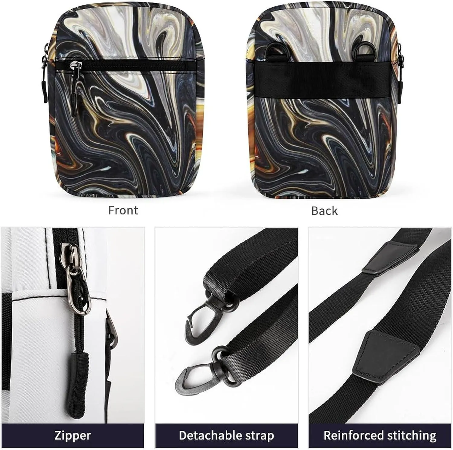 Ink Marble Black Gold Grey Adjustable Fanny Waist Pack Pouch, Waterproof Crossbody Runners Bag Wallet for Gym Hiking Fitness Women Men 6.1 x 2.2 x 7.9 inch