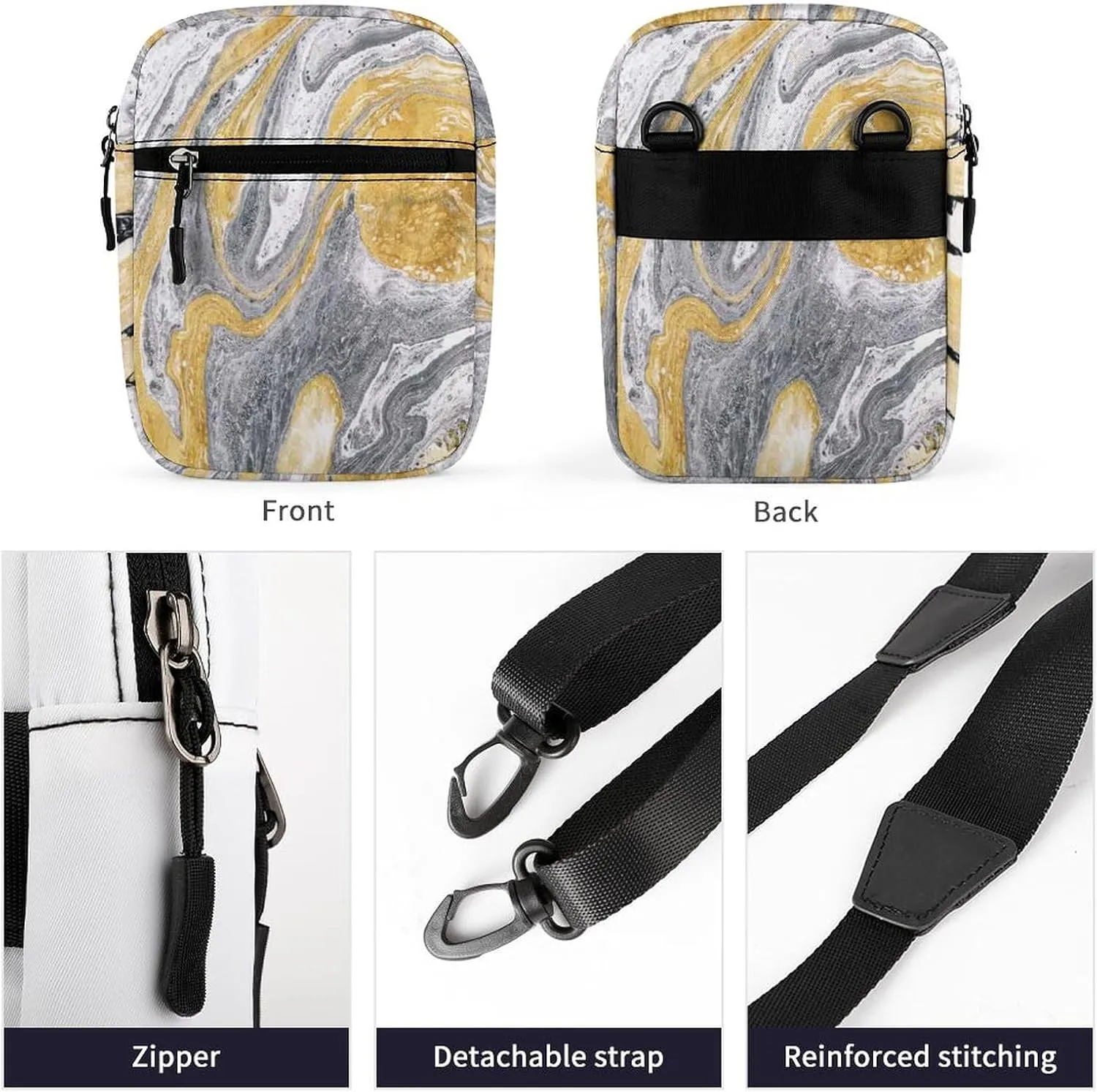 Ink Marble Golden Yellow, Silver Grey Black Marble Texture Adjustable Fanny Waist Pack Pouch, Waterproof Crossbody Runners Bag Wallet for Gym Hiking Fitness Women Men 6.1 x 2.2 x 7.9 inch