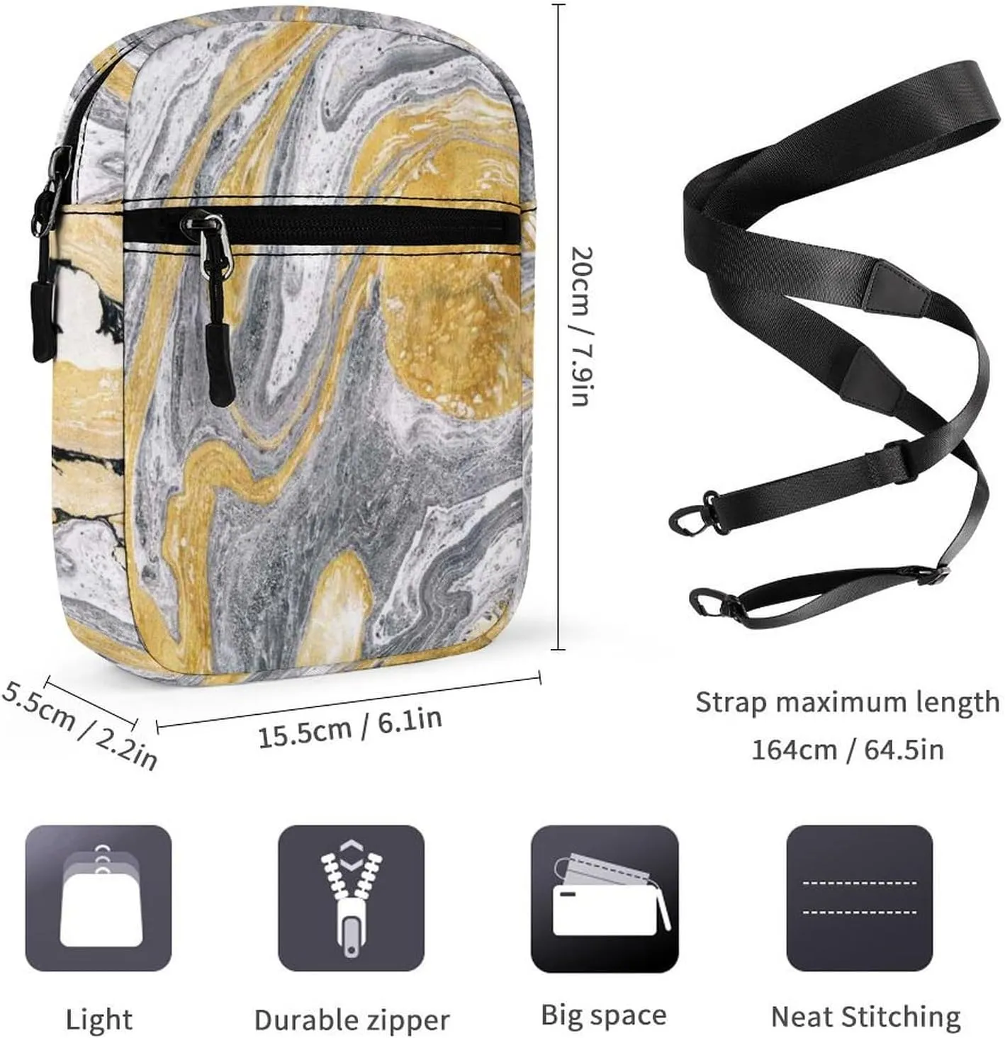 Ink Marble Golden Yellow, Silver Grey Black Marble Texture Adjustable Fanny Waist Pack Pouch, Waterproof Crossbody Runners Bag Wallet for Gym Hiking Fitness Women Men 6.1 x 2.2 x 7.9 inch