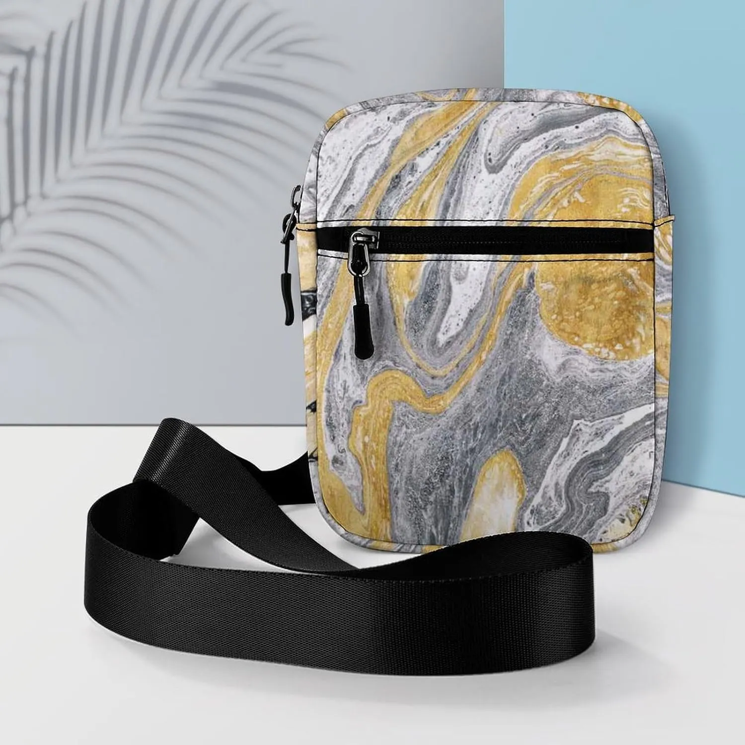 Ink Marble Golden Yellow, Silver Grey Black Marble Texture Adjustable Fanny Waist Pack Pouch, Waterproof Crossbody Runners Bag Wallet for Gym Hiking Fitness Women Men 6.1 x 2.2 x 7.9 inch