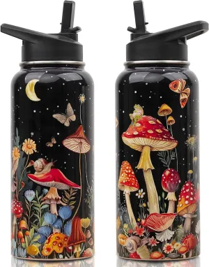 Insulated 32 oz Mushroom Water Bottle with Straw and Lid, Reusable Leakproof Stainless Steel, Mushroom Gifts for Women