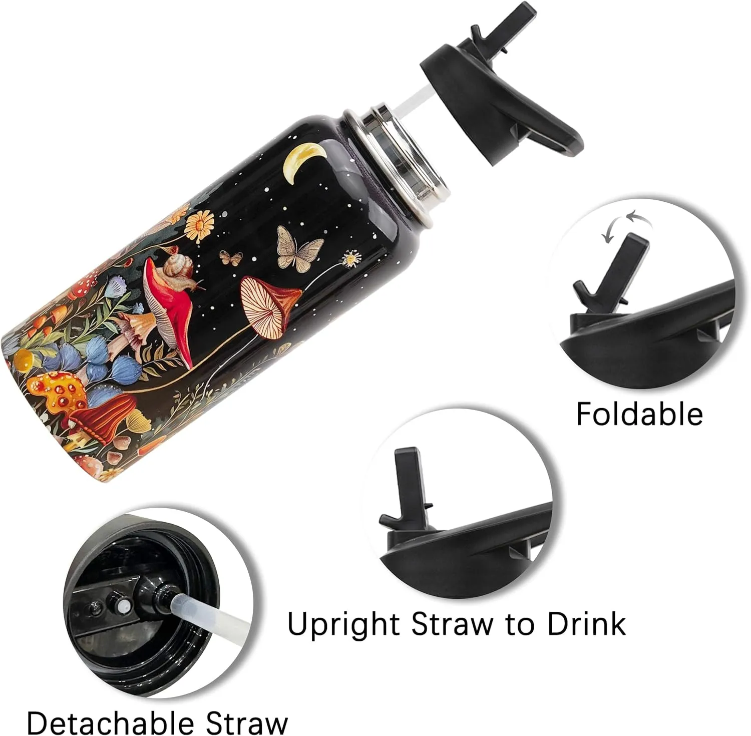 Insulated 32 oz Mushroom Water Bottle with Straw and Lid, Reusable Leakproof Stainless Steel, Mushroom Gifts for Women