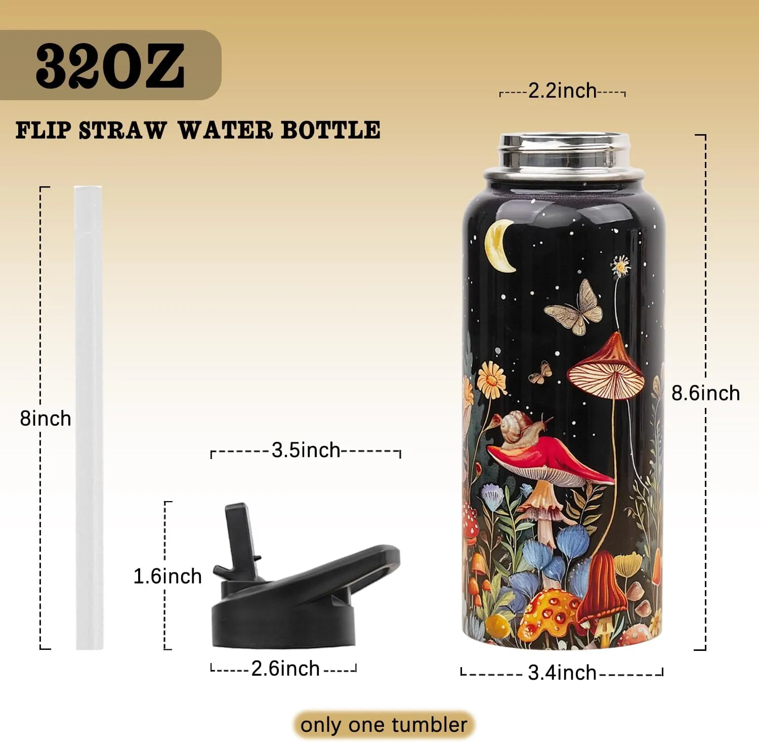 Insulated 32 oz Mushroom Water Bottle with Straw and Lid, Reusable Leakproof Stainless Steel, Mushroom Gifts for Women