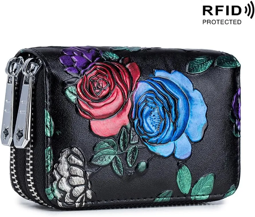 Irsutey Women' Large Capacity Multi Slot Card Bag RFID Anti RF Scanning Dual Zipper Multifunctional Change Bag (Blue)