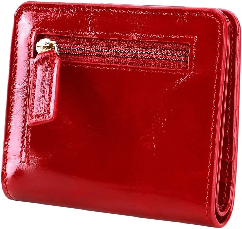 Itslife Women's Rfid Blocking Small Compact Bifold Leather Pocket Wallet Ladies Mini Purse with id Window (Waxed Red)