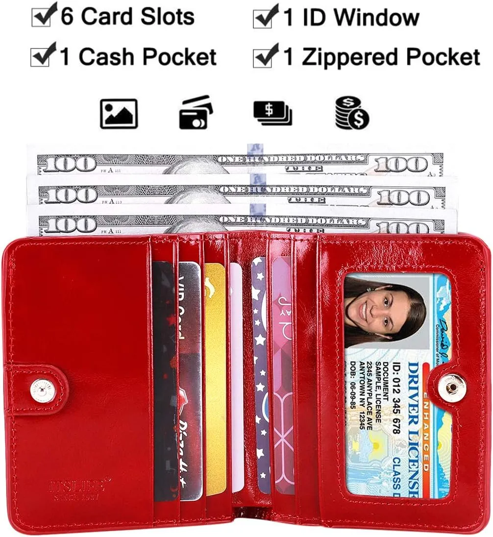 Itslife Women's Rfid Blocking Small Compact Bifold Leather Pocket Wallet Ladies Mini Purse with id Window (Waxed Red)