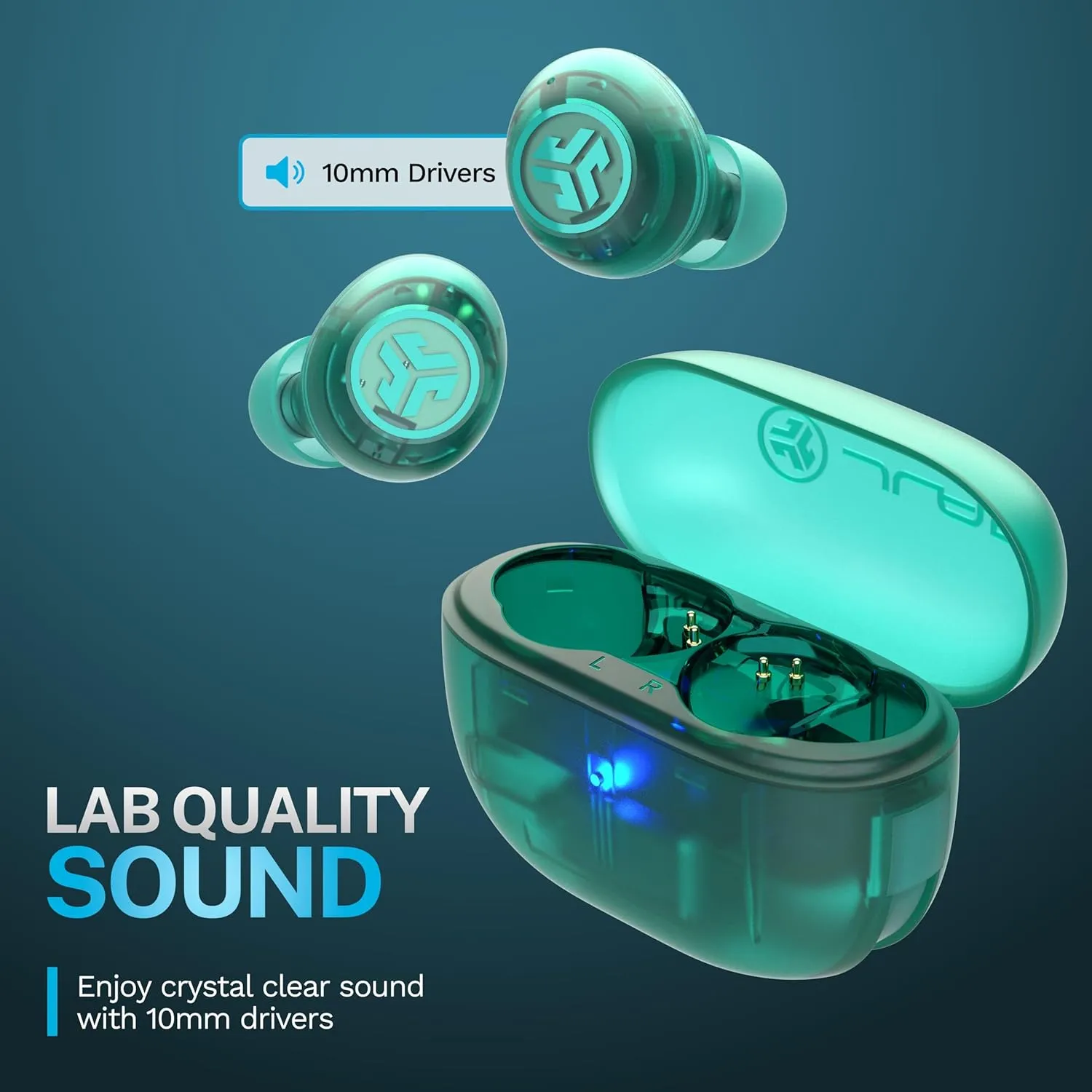 JLab Go Pop ANC True Wireless Earbuds & Charging Case, Transparent Teal, Active Noise Cancelling, 10mm Drivers, Dual Connect, Customize Your Sound with App, Be Aware Mode, Google Fast Pair