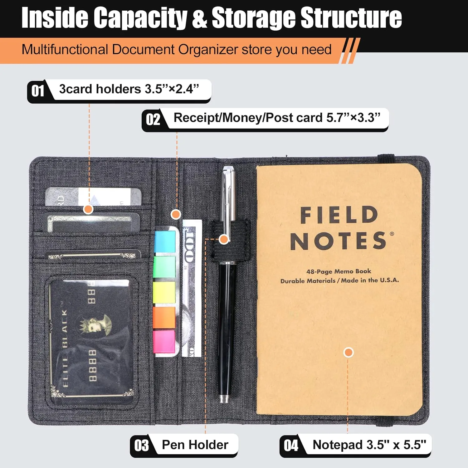 Journal Cover for Field Notes - Compatible with Moleskine Cahier's Notebook - Waterproof Fabric,Multifunctional Organizer with Pen Loop, Business Card Holder, for 3.5" x 5.5" pocket notebook
