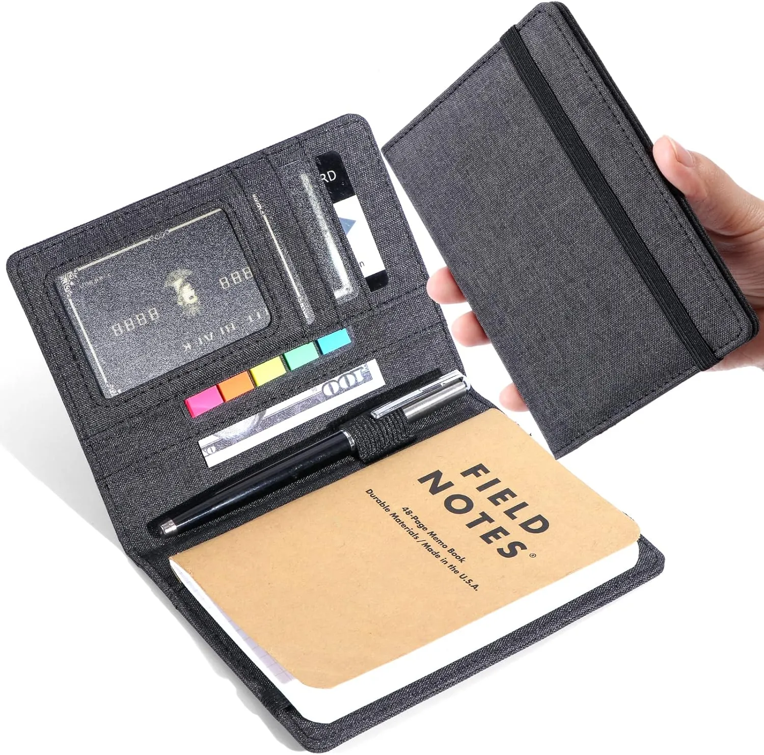 Journal Cover for Field Notes - Compatible with Moleskine Cahier's Notebook - Waterproof Fabric,Multifunctional Organizer with Pen Loop, Business Card Holder, for 3.5" x 5.5" pocket notebook