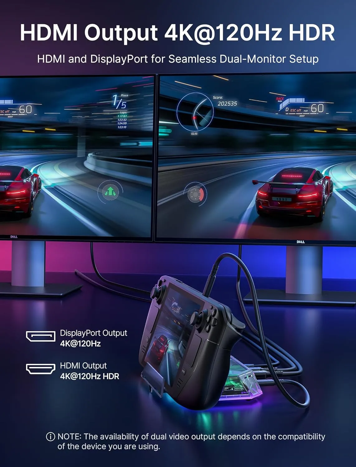 JSAUX RGB Docking Station for Steam Deck (OLED)/ROG Ally/Legion Go, 12-in-1 Handheld Dock with 4K@120Hz HDMI & DisplayPort Gigabit Ethernet USB C 3.2 USB A 3.2/2.0, SD/TF Slots 3.5mm Jack-HB1201S