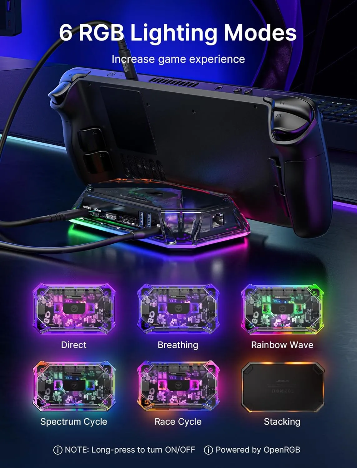 JSAUX RGB Docking Station for Steam Deck (OLED)/ROG Ally/Legion Go, 12-in-1 Handheld Dock with 4K@120Hz HDMI & DisplayPort Gigabit Ethernet USB C 3.2 USB A 3.2/2.0, SD/TF Slots 3.5mm Jack-HB1201S