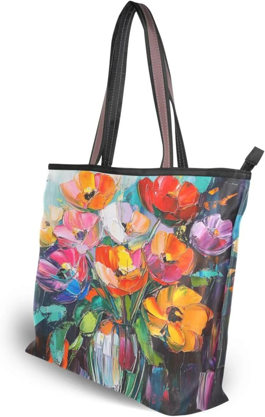 JSTEL Tote Bag for Women with Zipper,Polyester Tote Purse Holiday Tote Bag Work Handbag Women Gift