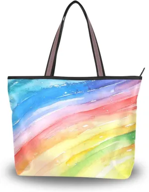 JSTEL Women Rainbow Tote Purse with Pocket,Rainbow Handbag Polyester Tote Bag,5