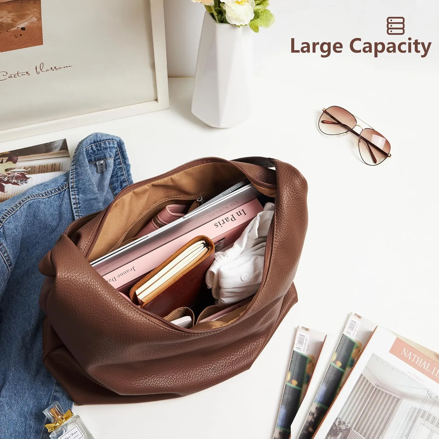 KALIDI Casual Tote Bag Vegan Leather Hobo Zipper Work Bag Weekender Shoulder for Women Shoulder Travel Purse