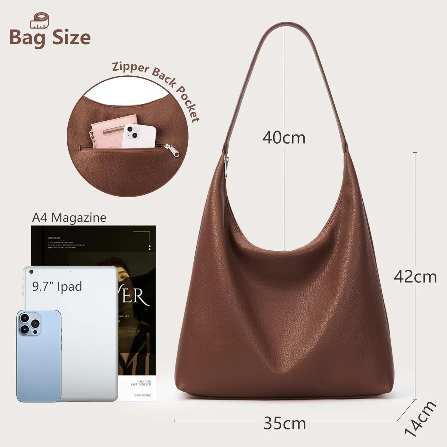 KALIDI Casual Tote Bag Vegan Leather Hobo Zipper Work Bag Weekender Shoulder for Women Shoulder Travel Purse