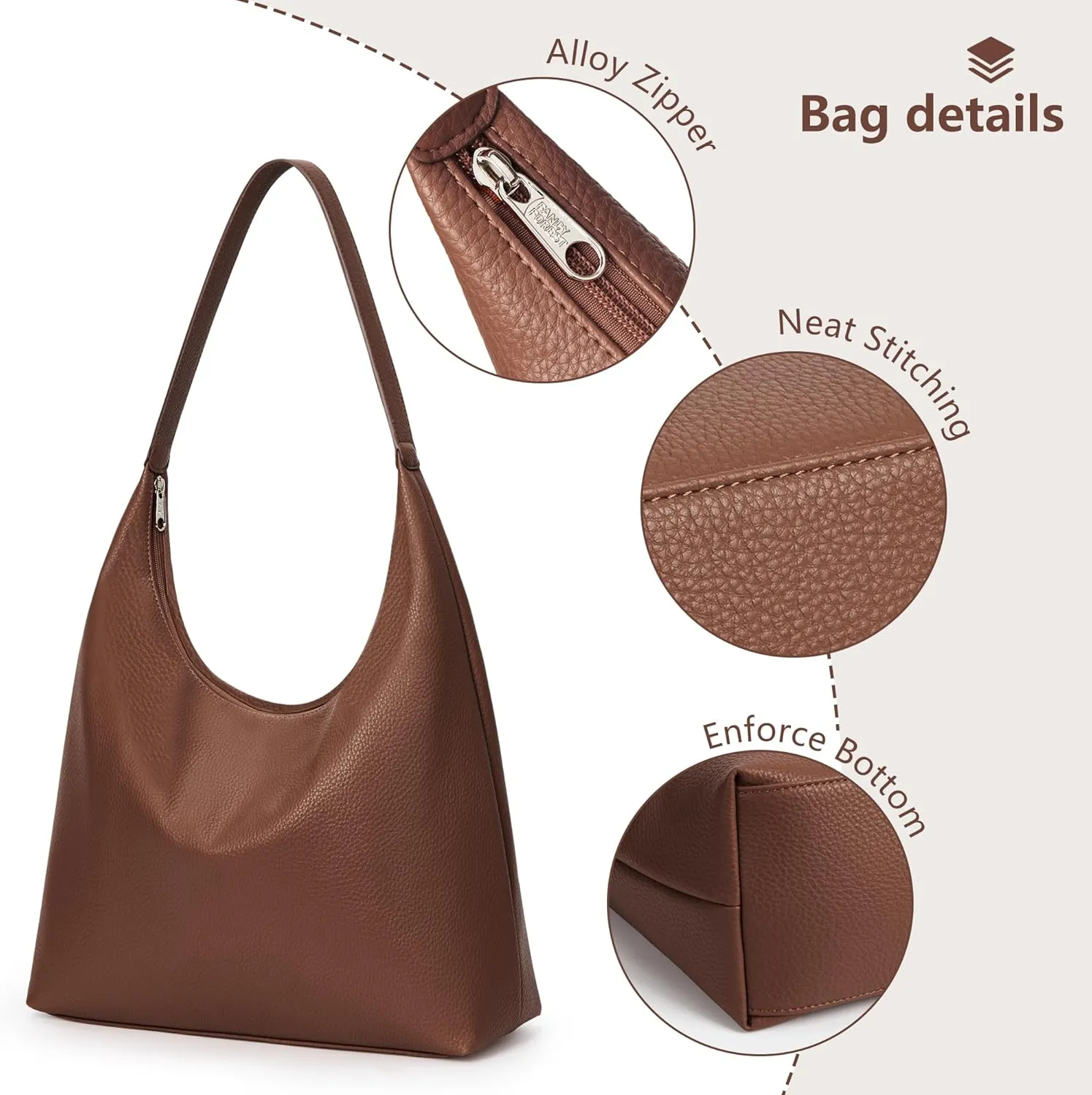 KALIDI Casual Tote Bag Vegan Leather Hobo Zipper Work Bag Weekender Shoulder for Women Shoulder Travel Purse