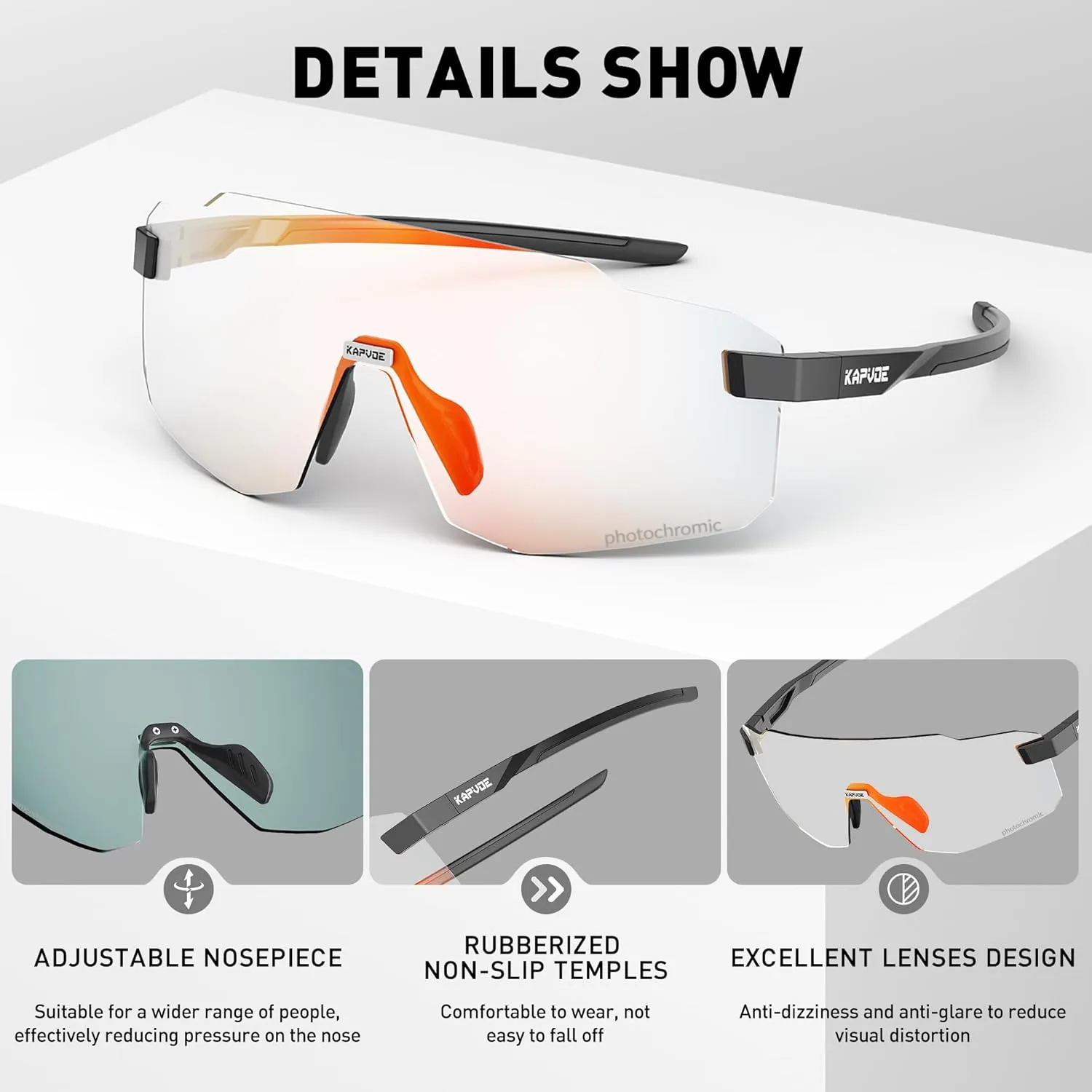 KAPVOE Photochromic Cycling Glasses for Men Women Sport Sunglasses UV Protection Driving Mountain Running MTB Frameless K341