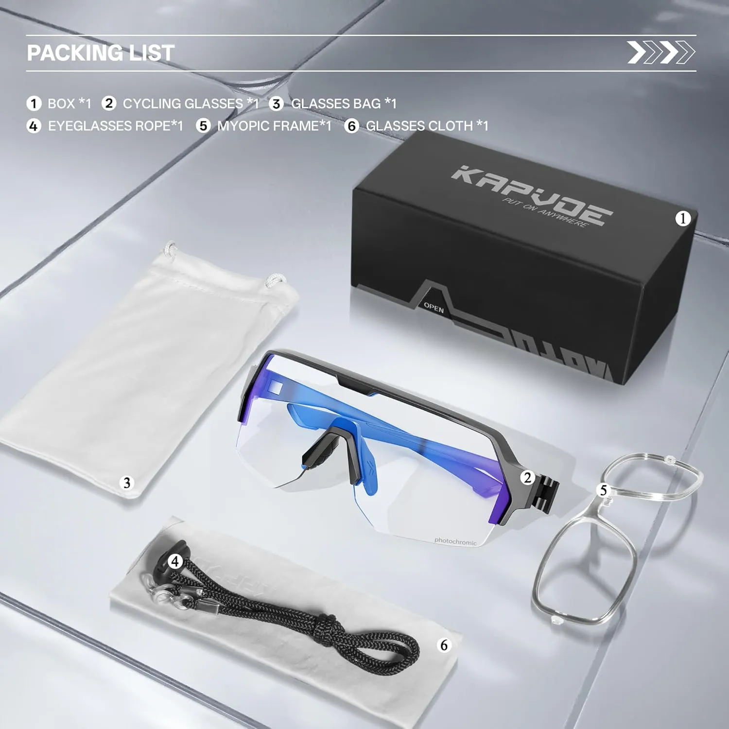 KAPVOE Photochromic Cycling Glasses for Men Women with UV400 Protection Sports Sunglasses for Biking Running MTB K360