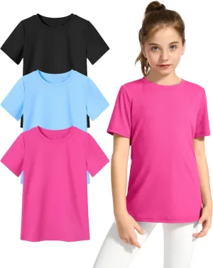 KEREDA Girls Athletic Shirts Quick Dry Short Sleeve Crew Neck T Shirts, Summer UPF 50  Tee Tops for Teen Girls 3 Pack