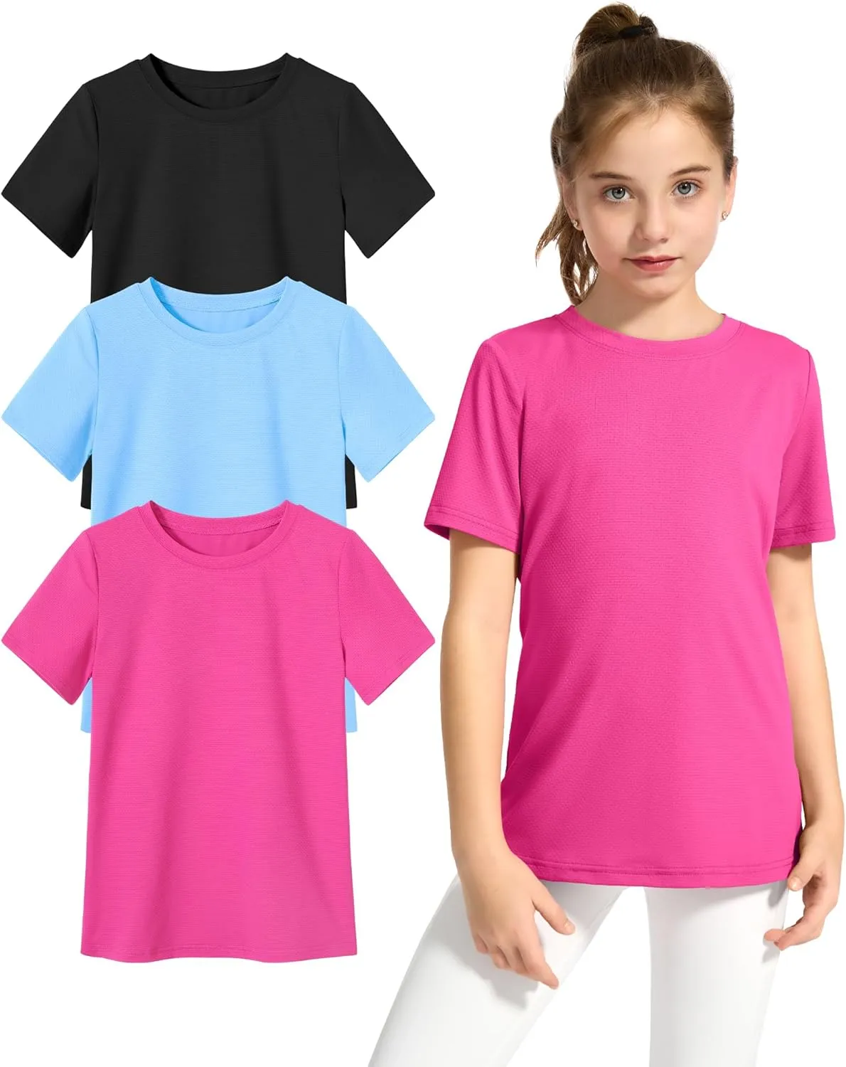KEREDA Girls Athletic Shirts Quick Dry Short Sleeve Crew Neck T Shirts, Summer UPF 50  Tee Tops for Teen Girls 3 Pack