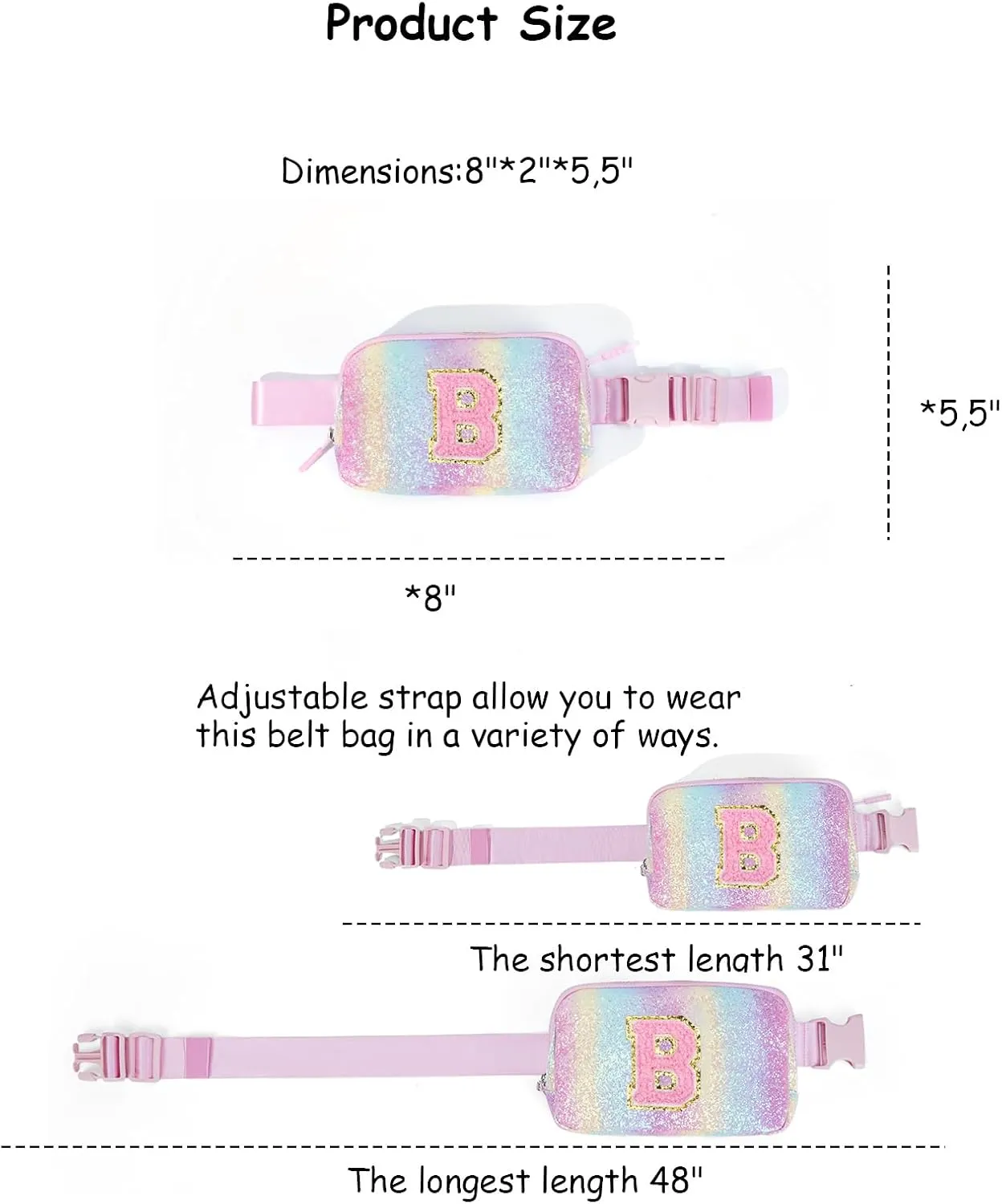 Kids Fanny Pack Glitter Waist Pack Initial Crossbody Bag Belt Bag for Girls Gifts Sparkly Cute Purse Rainbow B