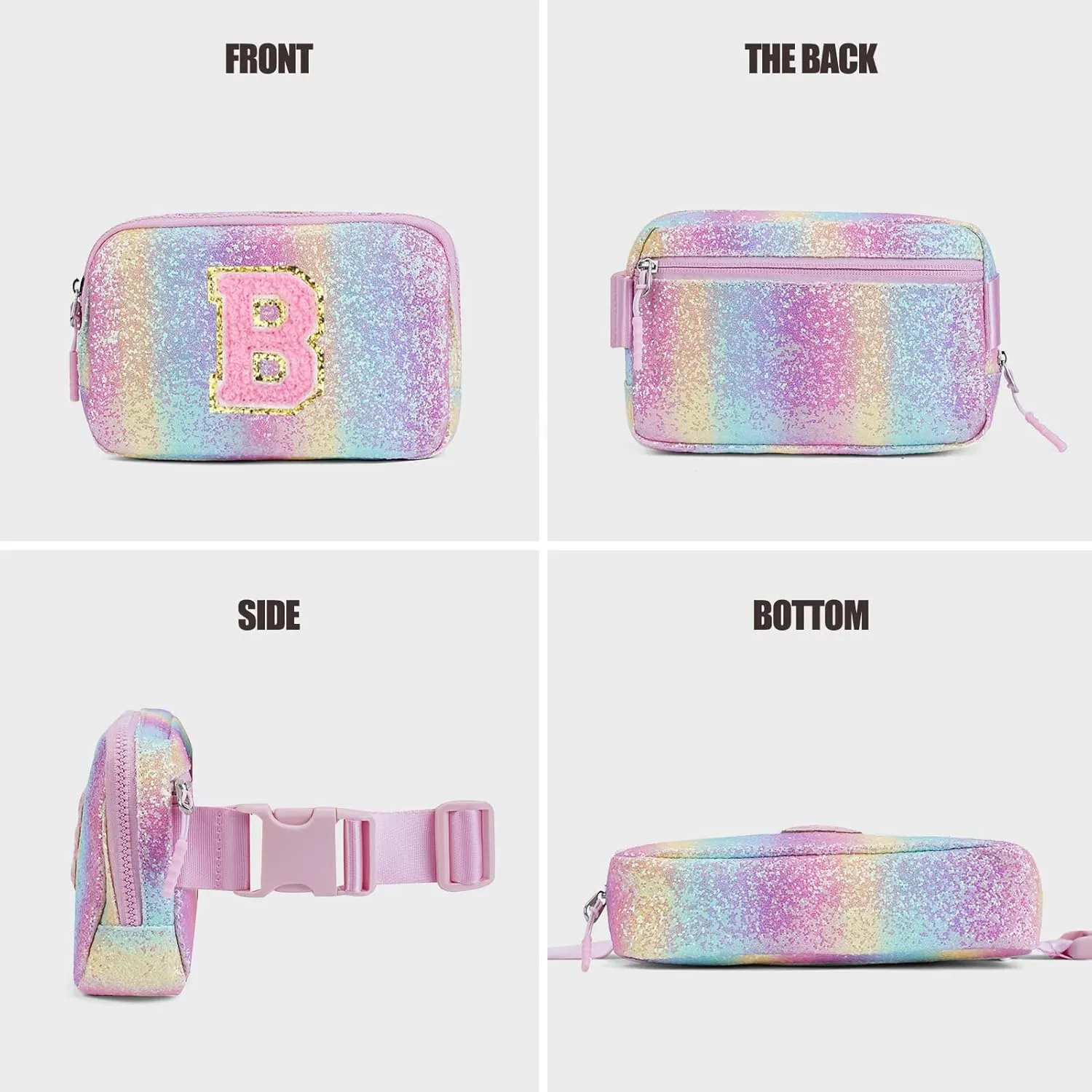 Kids Fanny Pack Glitter Waist Pack Initial Crossbody Bag Belt Bag for Girls Gifts Sparkly Cute Purse Rainbow B