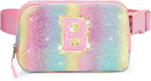 Kids Fanny Pack Glitter Waist Pack Initial Crossbody Bag Belt Bag for Girls Gifts Sparkly Cute Purse Rainbow B