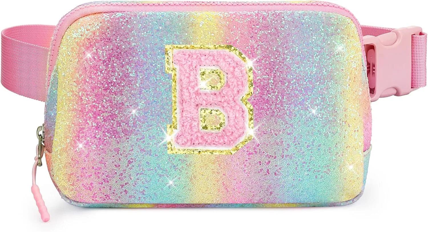 Kids Fanny Pack Glitter Waist Pack Initial Crossbody Bag Belt Bag for Girls Gifts Sparkly Cute Purse Rainbow B
