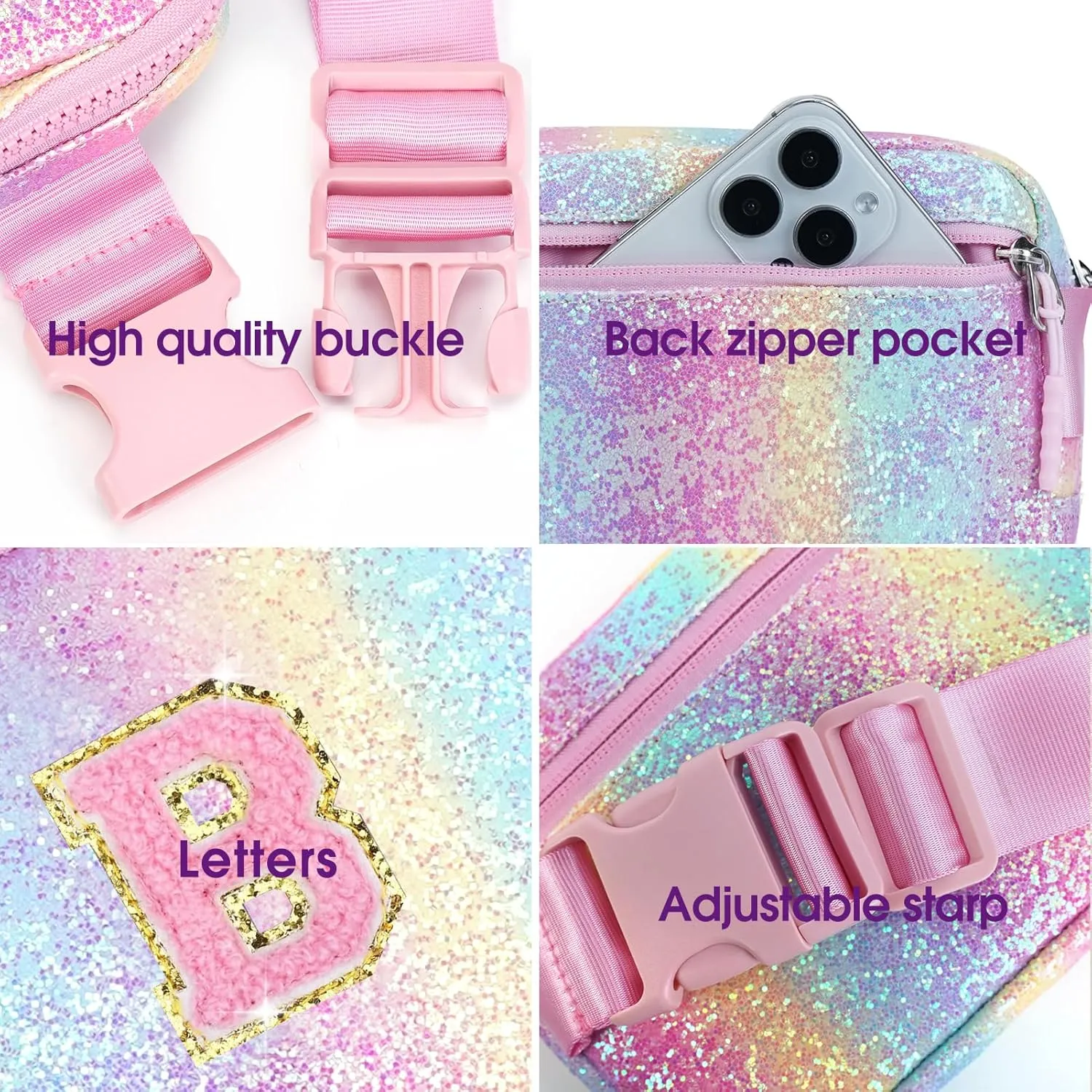 Kids Fanny Pack Glitter Waist Pack Initial Crossbody Bag Belt Bag for Girls Gifts Sparkly Cute Purse Rainbow B