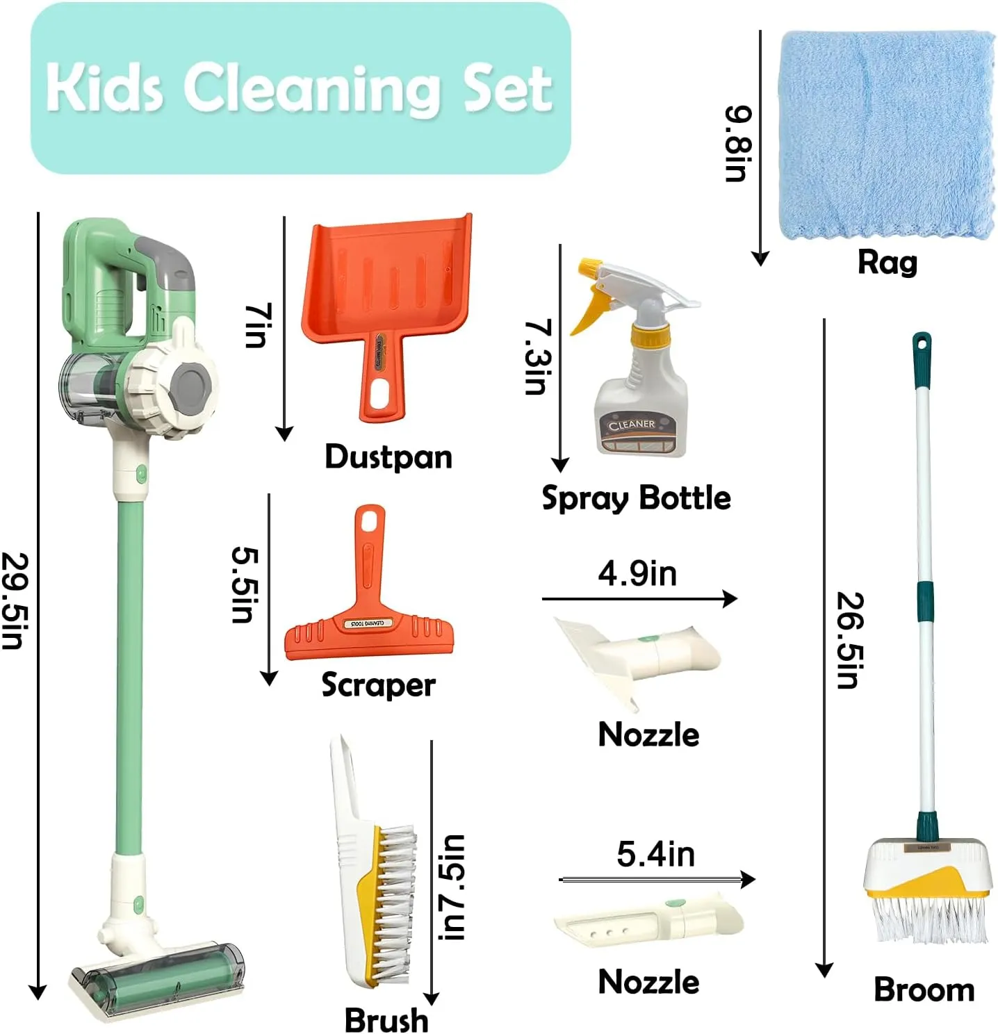 Kids Vacuum That Really Works 9Pcs Aged 3  Kids Cleaning Set for Toddlers Toy Cleaner Kids Broom and Dustpan Set Scrub Brushes Baby Boy Girl Gifts ( 950Green)