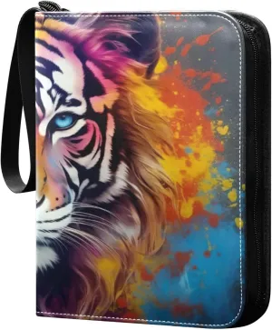 Kigai Beautiful Colorful Tiger Trading Card Binder with Sleeves PU Leather Holds 400 Cards,Double Sided Trading Card Folder with Zipper Collection Binder Album Book Case for Boys Girls