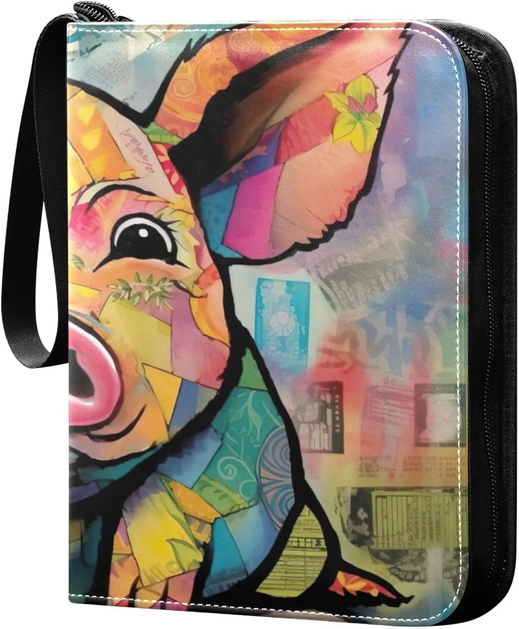 Kigai Colorful Art Pig Trading Card Binder with Sleeves PU Leather Holds 400 Cards,Double Sided Trading Card Folder with Zipper Collection Binder Album Book Case for Boys Girls