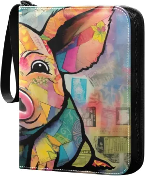 Kigai Colorful Art Pig Trading Card Binder with Sleeves PU Leather Holds 400 Cards,Double Sided Trading Card Folder with Zipper Collection Binder Album Book Case for Boys Girls