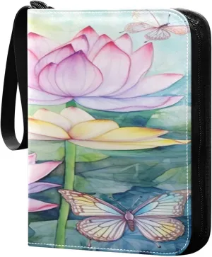 Kigai Trading Card Binder with 50 Sleeves, 400 Pockets PU Zipper Card Collection Binder 4-Pocket Portable Card Folder for Sports Cards, Game Cards (Butterfly Lotus Painting)