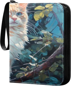 Kigai Trading Card Binder with 50 Sleeves, 400 Pockets PU Zipper Card Collection Binder 4-Pocket Portable Card Folder for Sports Cards, Game Cards (Orange Cat Painting)