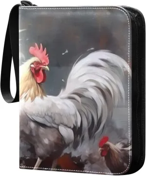 Kigai Trading Card Binder with 50 Sleeves, 400 Pockets PU Zipper Card Collection Binder 4-Pocket Portable Card Folder for Sports Cards, Game Cards (Roosters Painting)