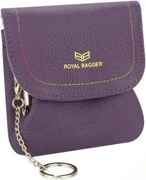 Kiss Lock Coin Purse for Women RFID Simple Card Holder with Removable Keychain Genuine Leather Storage Bag 2622 (Purple)