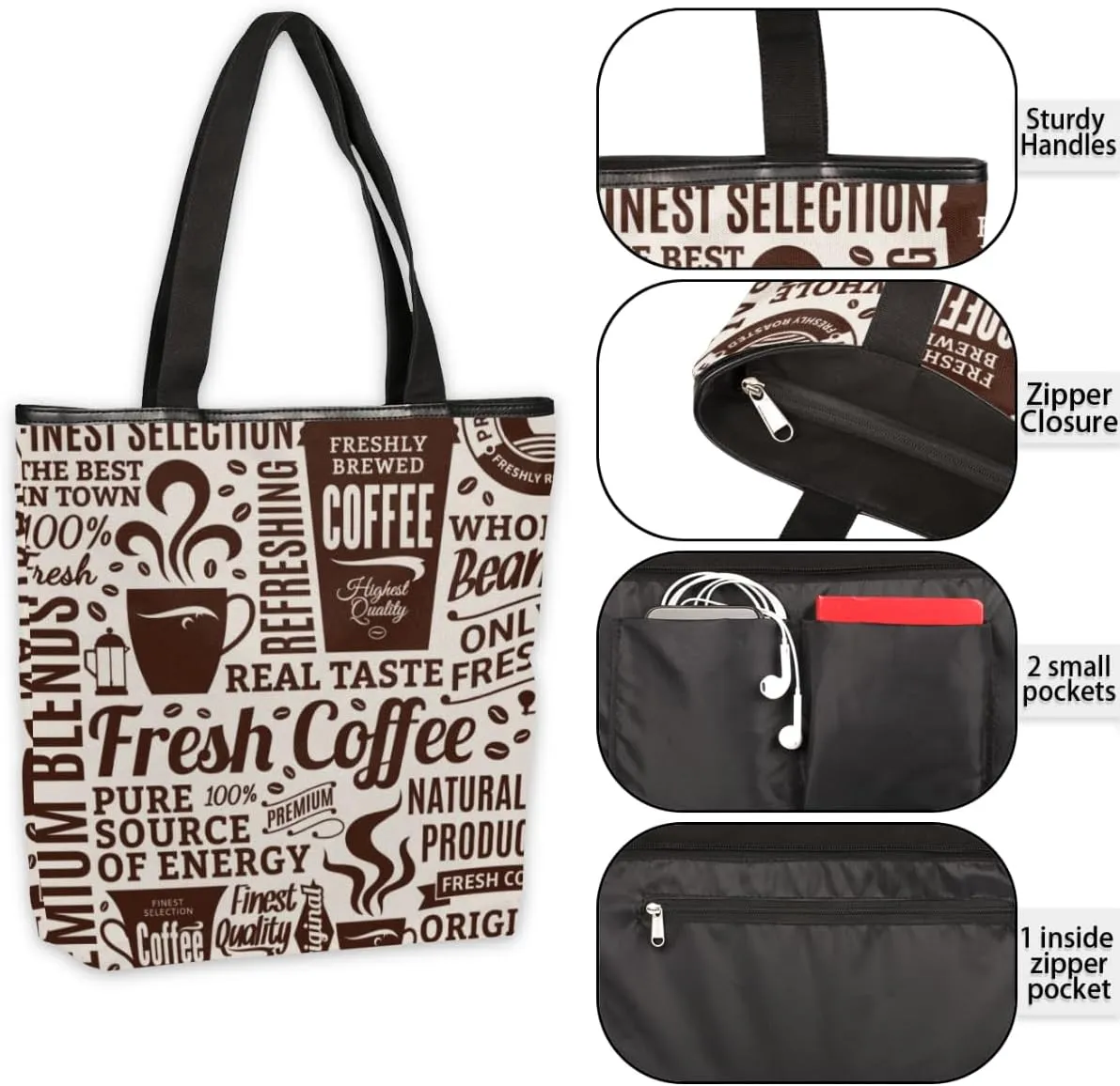 KOBLEN Canvas Tote Bag Reusable Grocery Bags Travel Storage Handbag with Zipper