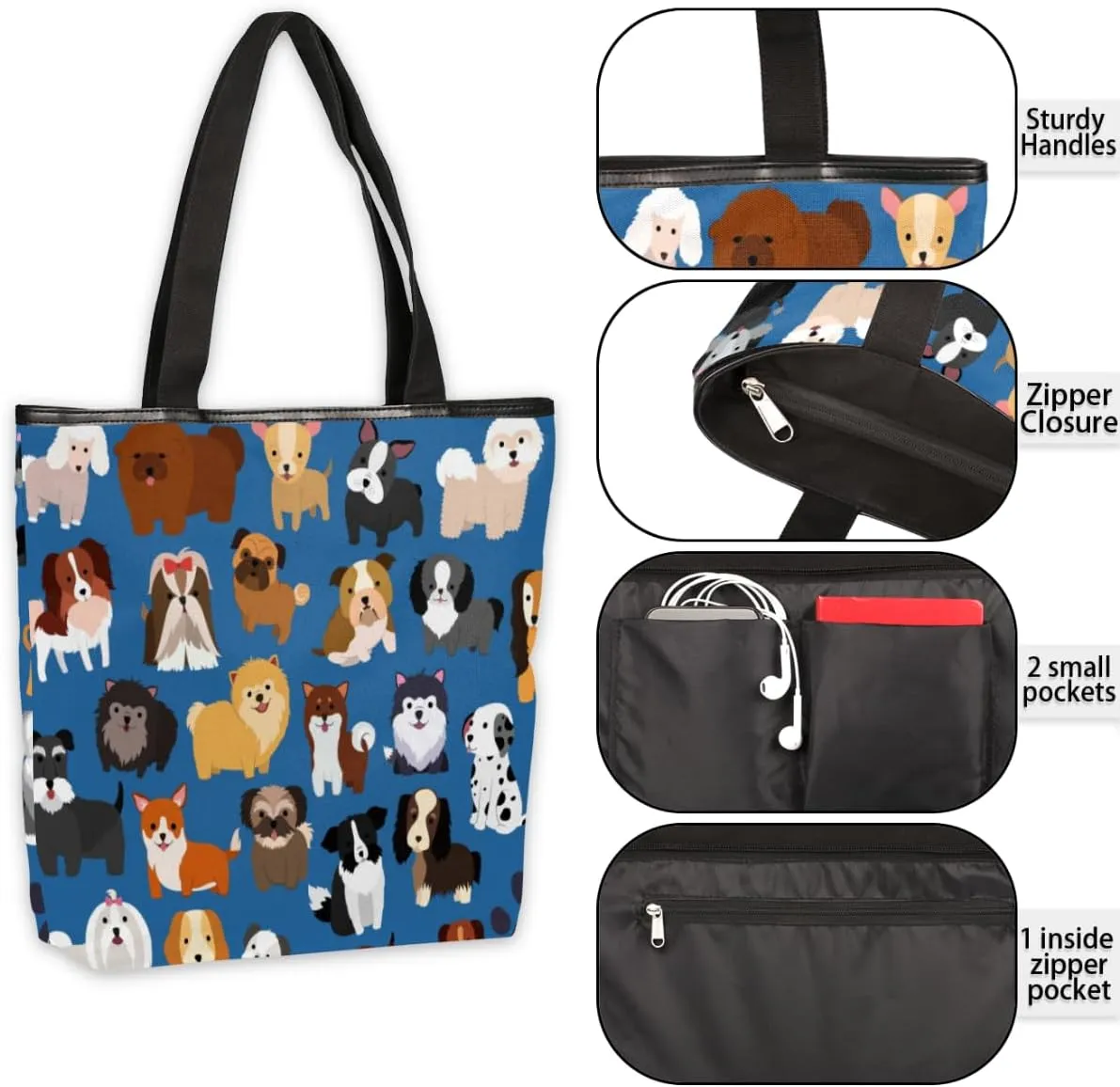 KOBLEN Canvas Tote Bag Reusable Grocery Bags Travel Storage Handbag with Zipper