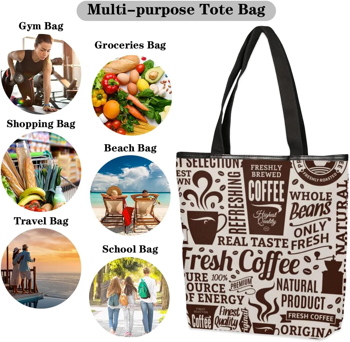 KOBLEN Canvas Tote Bag Reusable Grocery Bags Travel Storage Handbag with Zipper