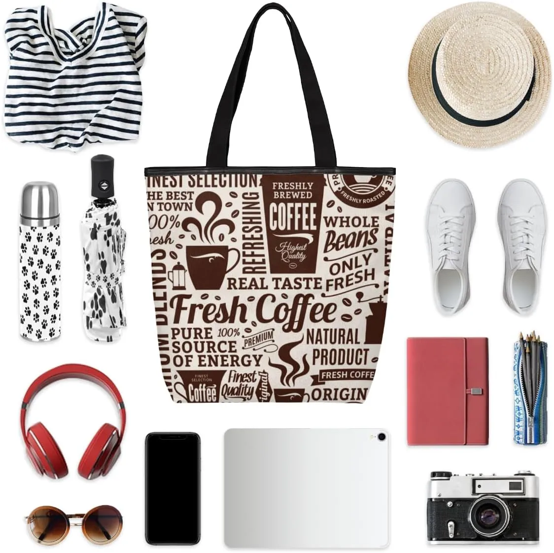 KOBLEN Canvas Tote Bag Reusable Grocery Bags Travel Storage Handbag with Zipper