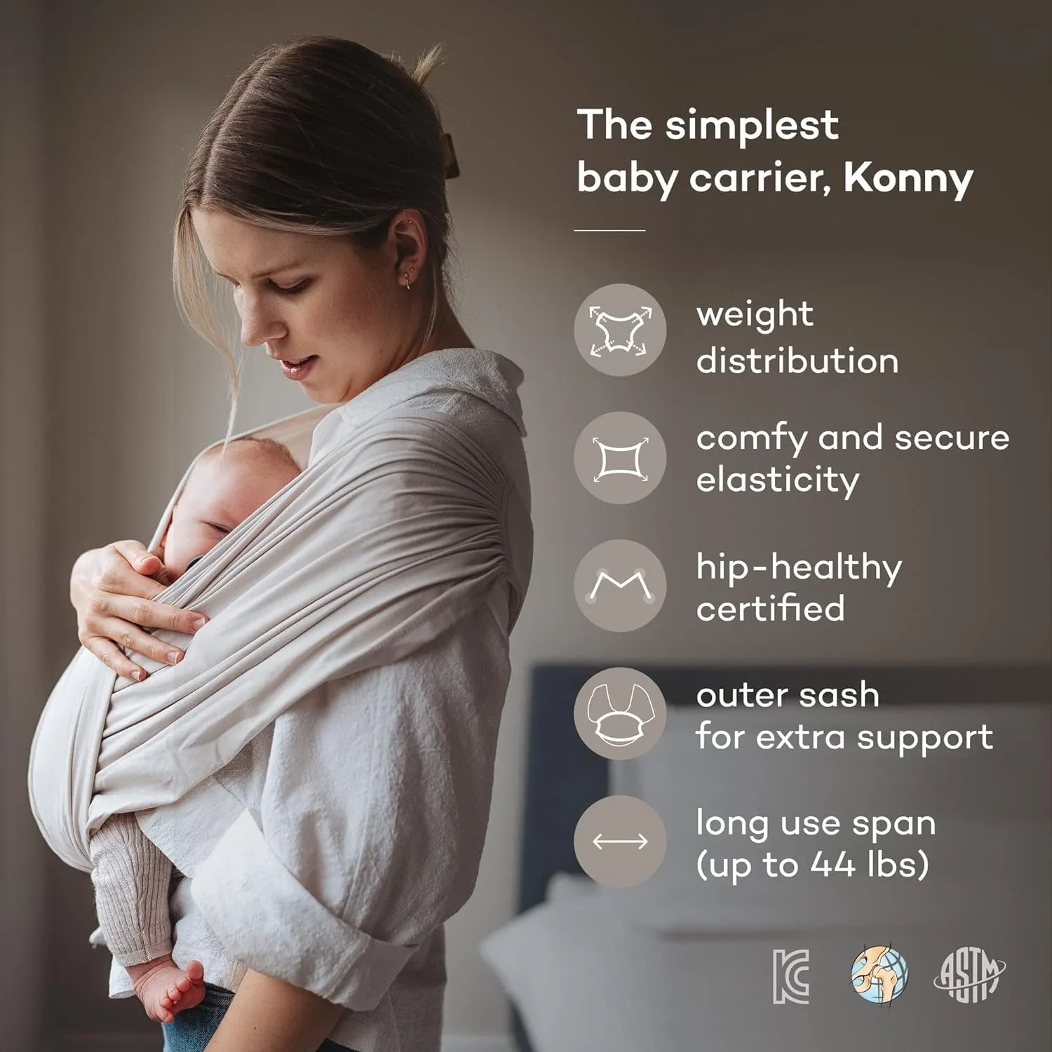 Konny Original Baby Carrier SoftBreeze Luxury Carrier Wrap, Easy to Wear Baby Wrap Carrier, Perfect Essentials Cloths for Newborn Babies up to 44 lbs, (Grey, S)