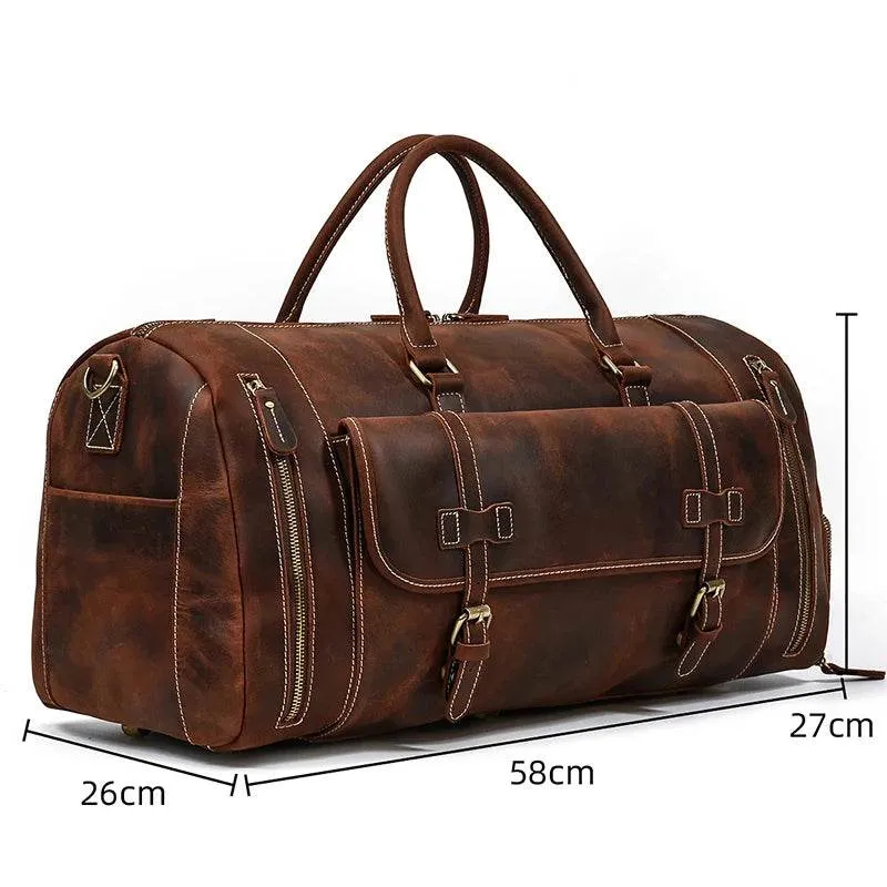 Large 58cm Genuine Leather Travel Bag Shoulder Bag with Shoe Compartment