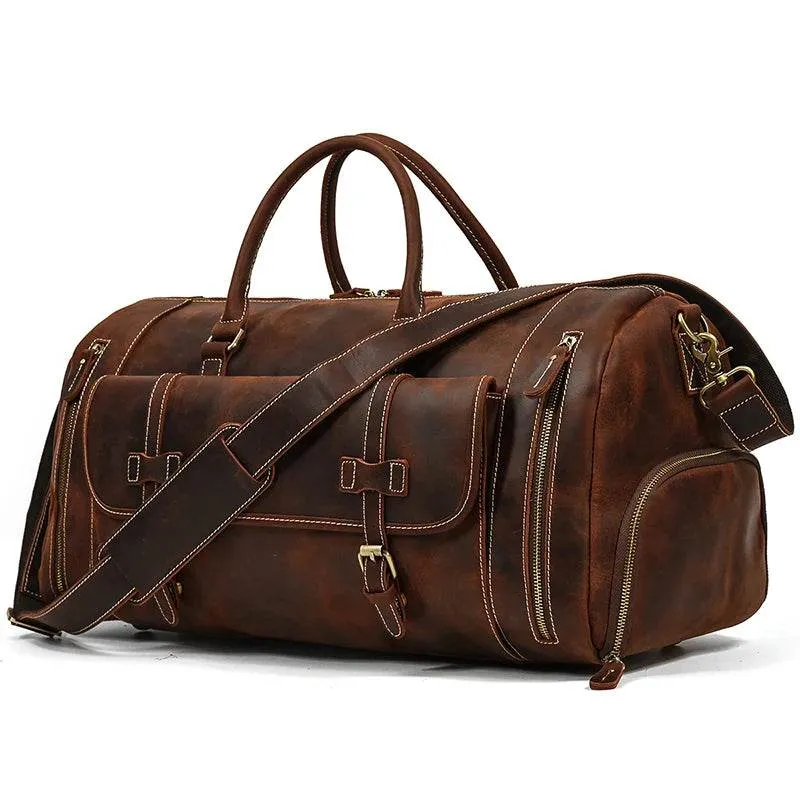 Large 58cm Genuine Leather Travel Bag Shoulder Bag with Shoe Compartment